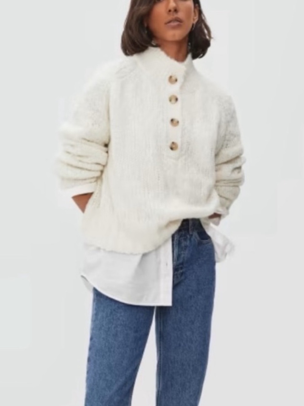 Everlane Lofty Knit Button Henley Sweater Cream